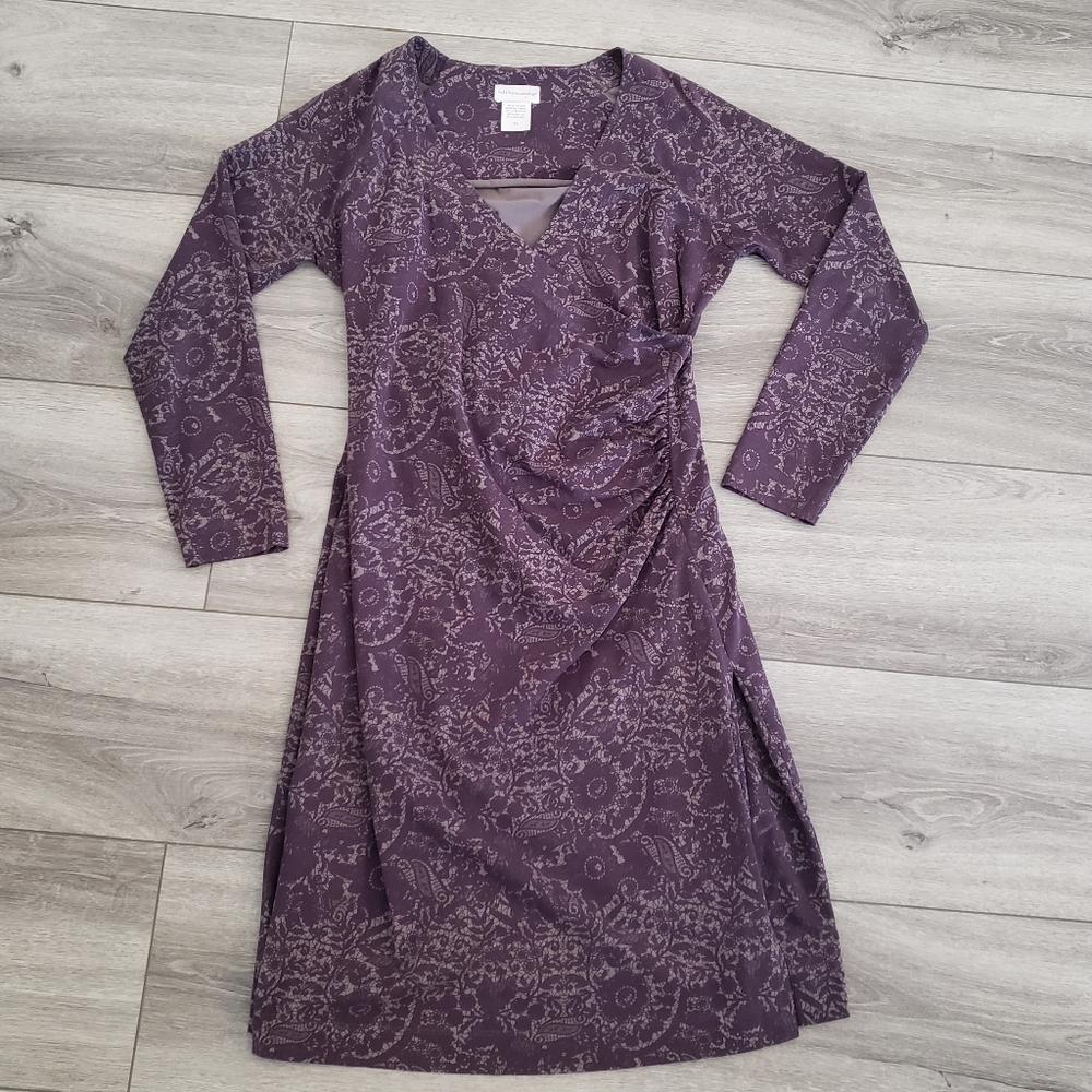 SOFT SURROUNDINGS Dress Faux Wrap Midi Sheath Stretch Purple Gray Floral SZ TL